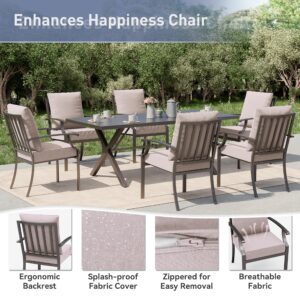 Kurapika 7 Piece Patio Dining Set Outdoor Furniture, Metal Patio Furniture Set 6 Fixed Chairs and Large Table with Umbrella Cutout for Deck Garden Backyard, Sand