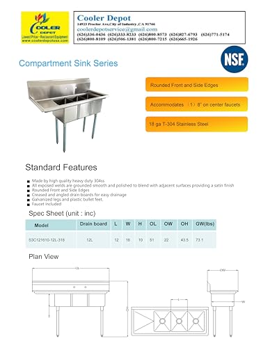 cooler depot sink NSF Left One Compartment Sink With Faucet S3C121610-12L-318