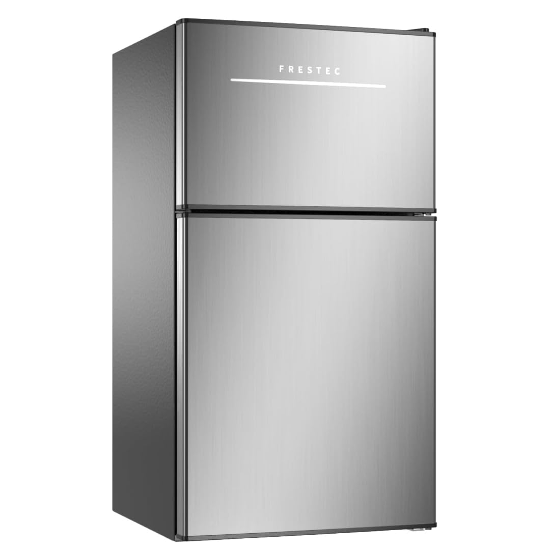 Frestec Mini Fridge with Freezer 3.5 Cu.Ft. 2 Door Refrigerator and Freezer Small Fridge for Bedroom Home Office Dorm, Small Drink Chiller, 37 dB Low Noise, Stainless Steel