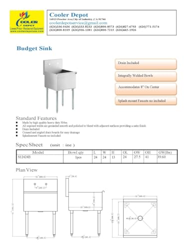 cooler depot sink NSF 24 inches Commercial Utility Sink S12424B