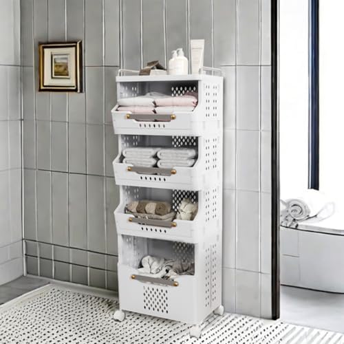 Multifunctional Storage Cart, Large Capacity Kitchen Cart, 4-Layer Rolling Storage Cart with Wheels, Mobile Cart with Push Rod and Basket, Suitable for Living Room, Bedroom, Bathroom, Laundry Room