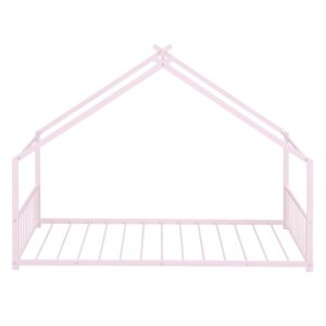 THINK 30 Twin Size House Bed for Kids, Metal Floor Bed Frame with Fence, Fun Montessori Playhouse Bed for Girls and Boys, Teens (Pink, Twin)