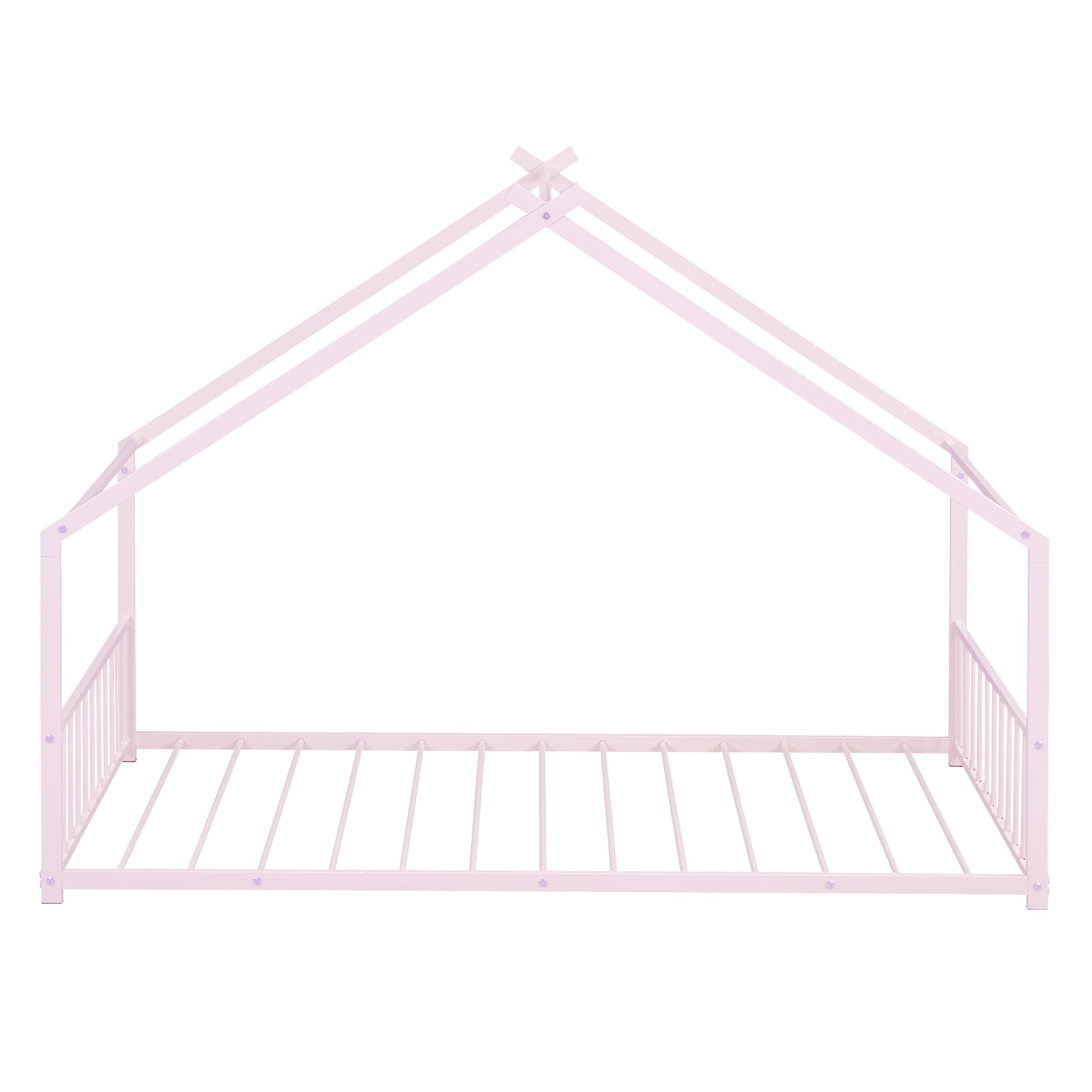 THINK 30 Twin Size House Bed for Kids, Metal Floor Bed Frame with Fence, Fun Montessori Playhouse Bed for Girls and Boys, Teens (Pink, Twin)