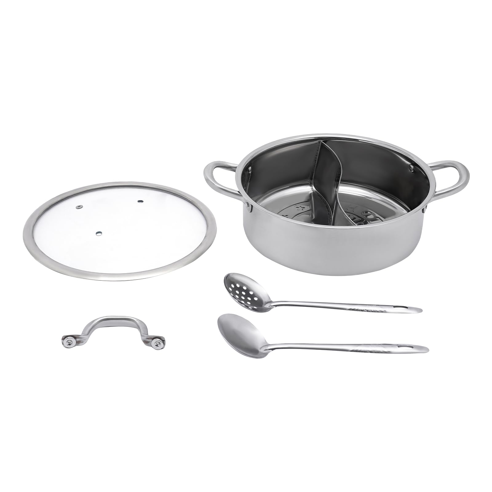 Stainless Steel Hot Pot with Divider,Pot with Glass Lid, Hot Pot with Spoon/Leaky Spoon for Kitchen Cooking Hotels Restaurants Home