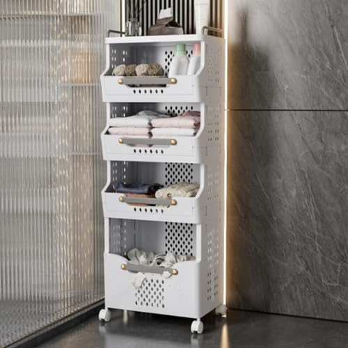 Large Capacity Kitchen Cart, Multifunctional Storage Cart, 4-Layer Rolling Storage Cart with Wheels, Mobile Cart with Push Rod and Basket, Suitable for Living Room, Bedroom, Bathroom, Laundry Room