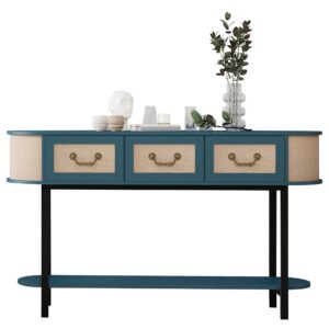 fursch rattan entryway table with storage, narrow oval console table with drawers,blue 53.6" long and slim couch table behind sofa for living room hallway entrance foyer