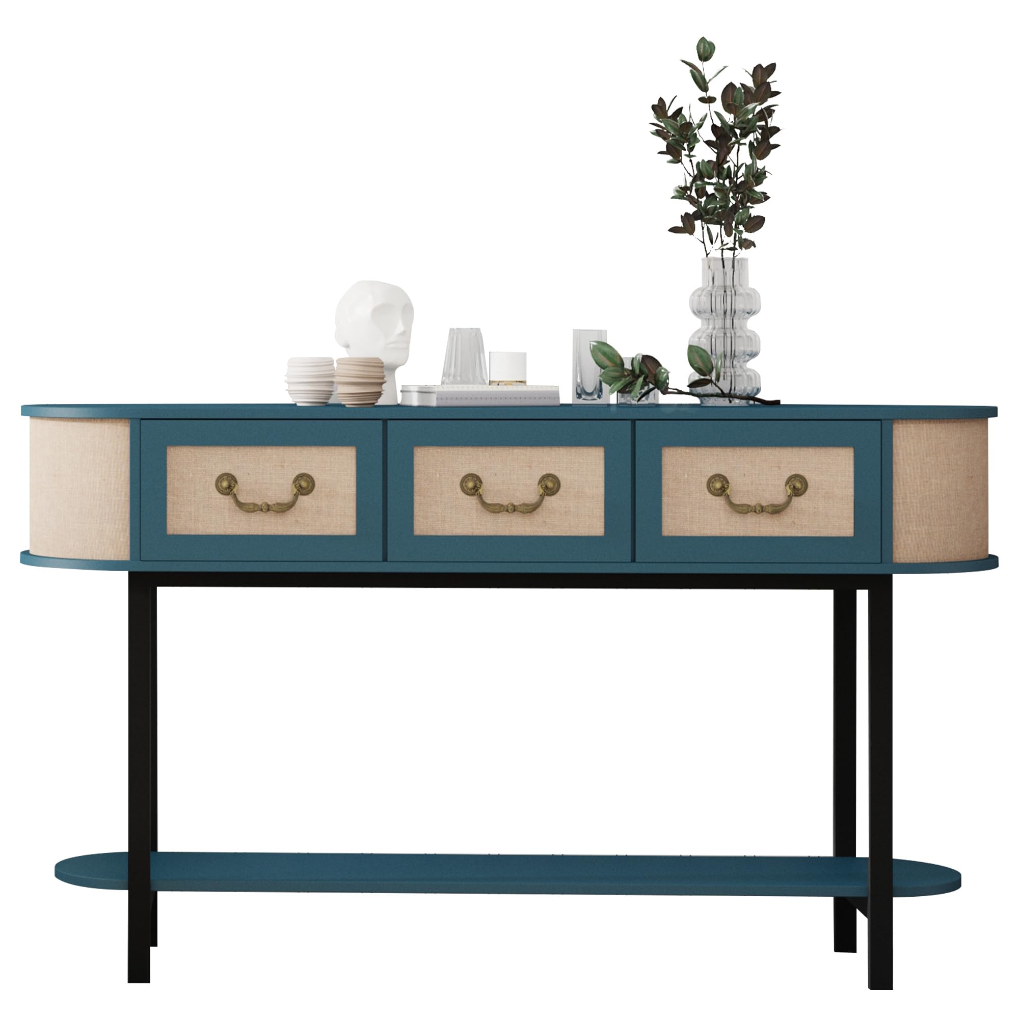 FurSch Rattan Entryway Table with Storage, Narrow Oval Console Table with Drawers,Blue 53.6" Long and Slim Couch Table Behind Sofa for Living Room Hallway Entrance Foyer