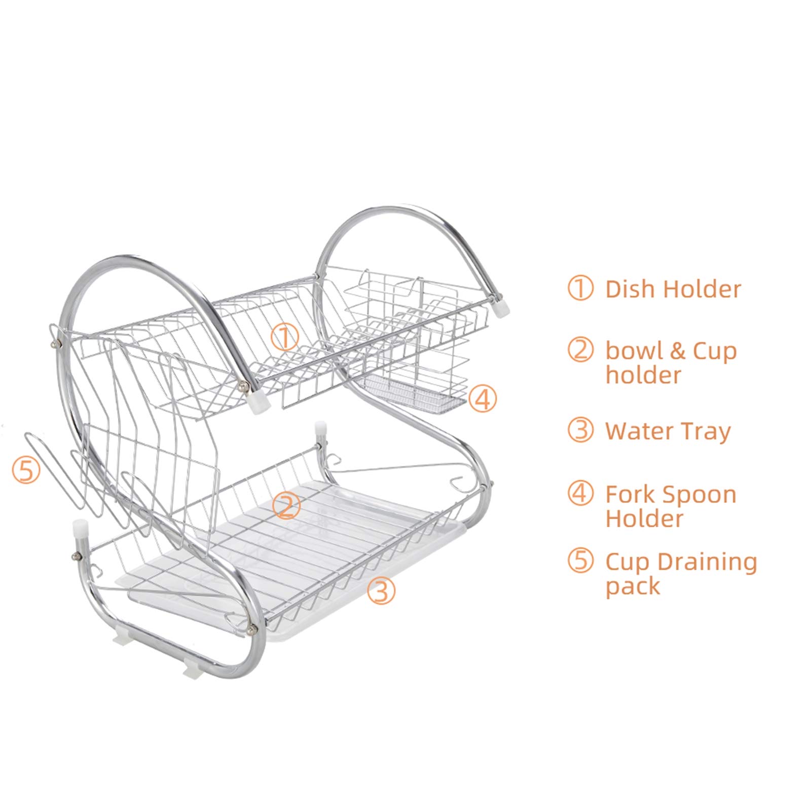 Guangshuohui Dish Drying Rack and Drainboard Set, 2 Tier Large Stainless Steel Sink Organizer Dish Racks with Cups Holder, Utensil Holder, Dish Strainer Shelf for Kitchen Counter