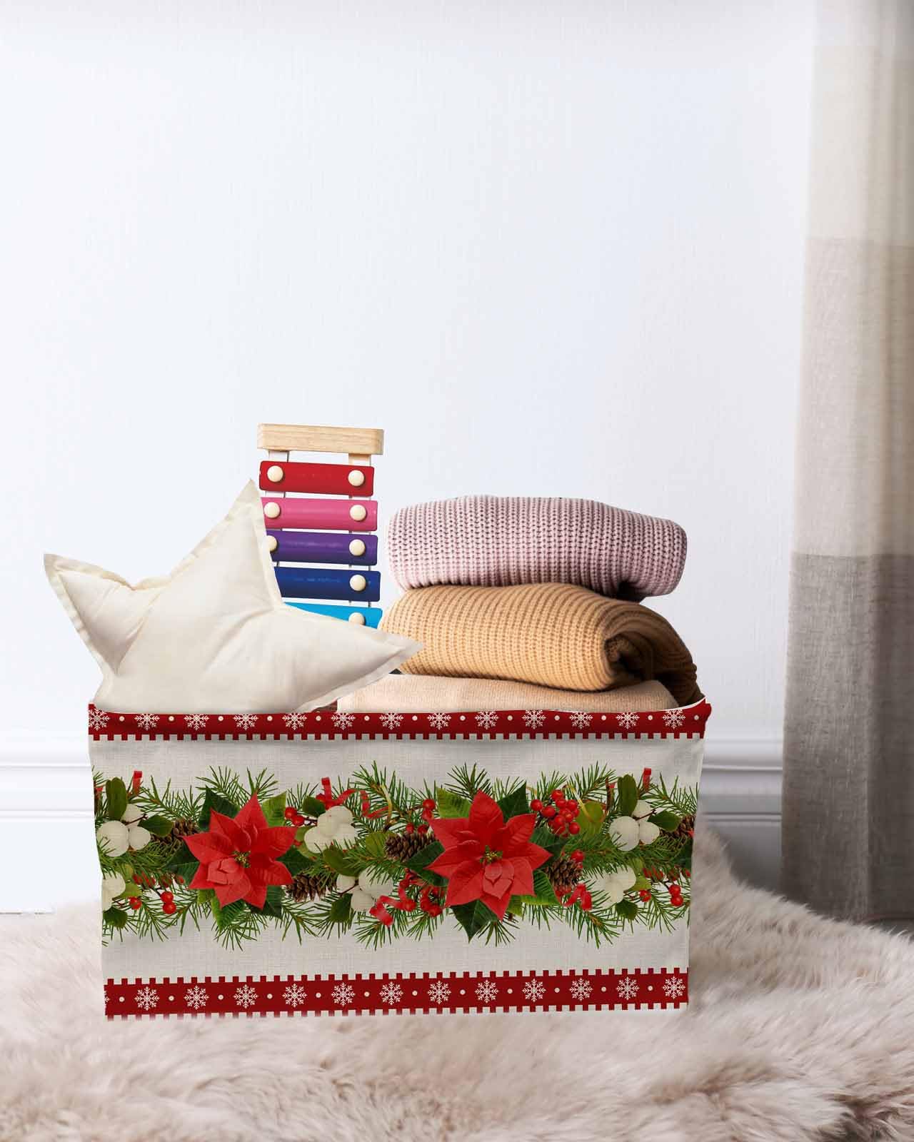 Anzona Christmas Poinsettia Storage Basket for Shelves, Xmas Floral Pine Needles Burlap Storage Cube Fabric Storage Bins, Closet Organizers with Handles for Book, Toys, Cloth, 15"x11"x9.5", 1 Pack