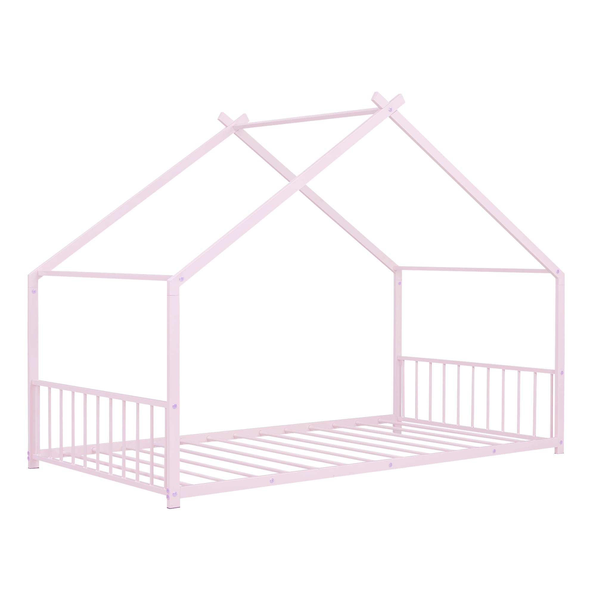 THINK 30 Twin Size House Bed for Kids, Metal Floor Bed Frame with Fence, Fun Montessori Playhouse Bed for Girls and Boys, Teens (Pink, Twin)