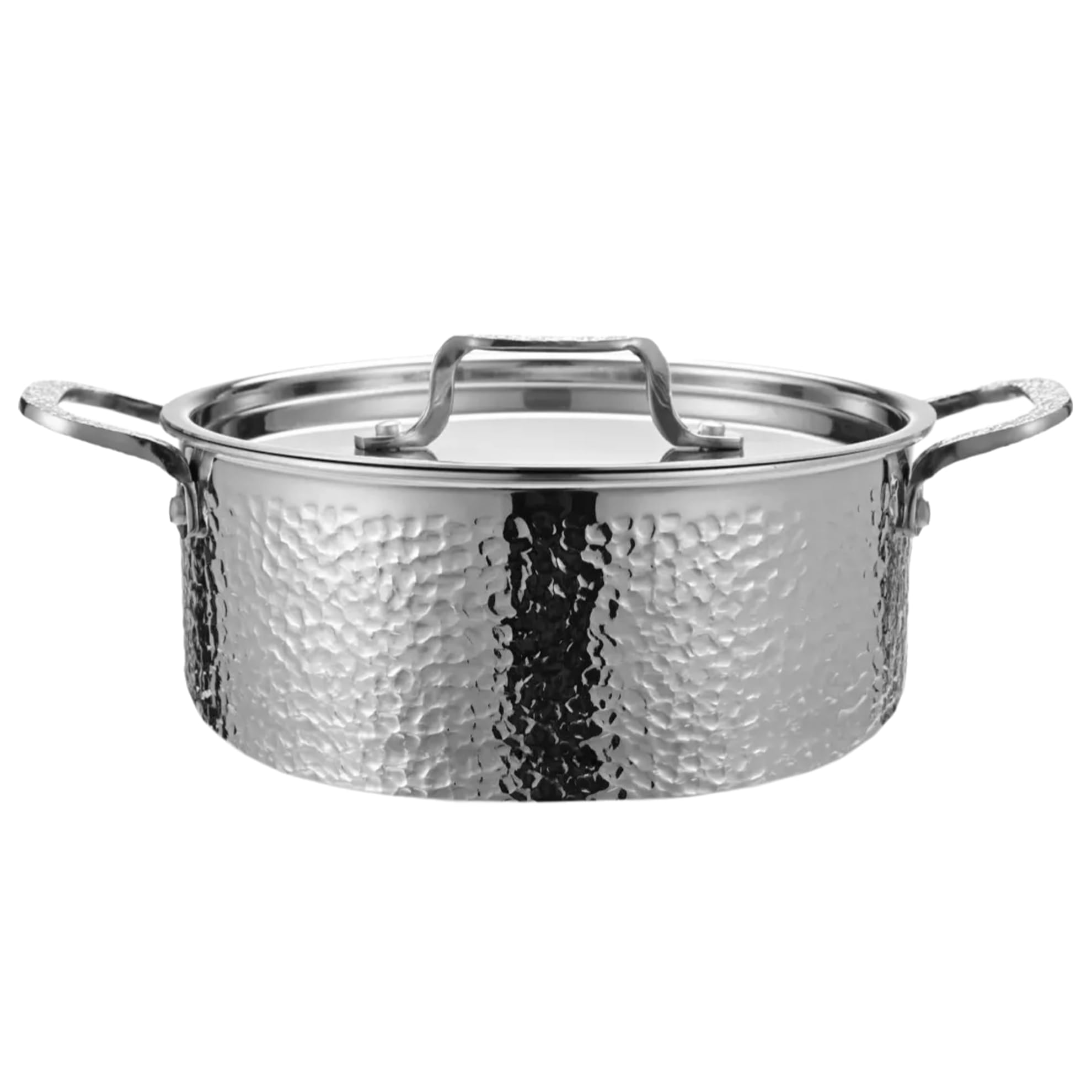 Vivicreate Tri-Ply Stainless Steel Stockpot, Deep Cooking Pot with Lid, Hammered Exterior, Silver (5 Quarts)