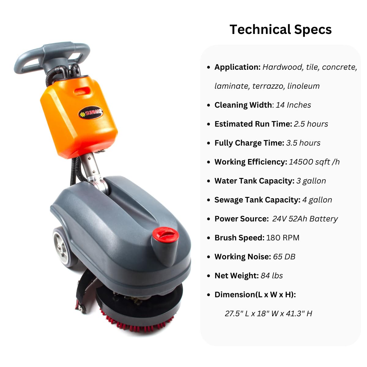 14" Commercial Compact Floor Scrubber Dryer Machine, 14500 sqft/h, 4-Gal Sewage Tank, 3.5 Hour Fast Charging Efficient Cleaning for Hard Floors