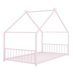 THINK 30 Twin Size House Bed for Kids, Metal Floor Bed Frame with Fence, Fun Montessori Playhouse Bed for Girls and Boys, Teens (Pink, Twin)