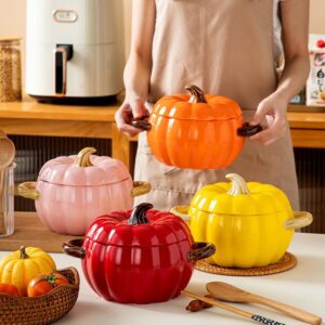 Pumpkin Dutch Oven with Lid and Handles, 1.59 qt Ceramic Pumpkin Cooking Pot Enamel Pot Soup Pot, Pumpkin Pottery Dessert Saucepan, Baking Soup Bowl, Halloween Thanksgiving Fall Harvest