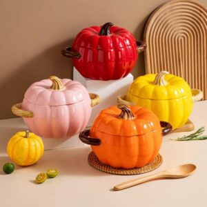 Pumpkin Dutch Oven with Lid and Handles, 1.59 qt Ceramic Pumpkin Cooking Pot Enamel Pot Soup Pot, Pumpkin Pottery Dessert Saucepan, Baking Soup Bowl, Halloween Thanksgiving Fall Harvest