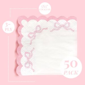 Pink Coquette Bow Party Napkins | 5" Cocktail 3-Ply 50 Pack | Sweetie Soirées | Pink Bow Theme Party Decorations | First Birthday Baby Shower She's Tying the Knot Bachelorette Party | Premium Quality