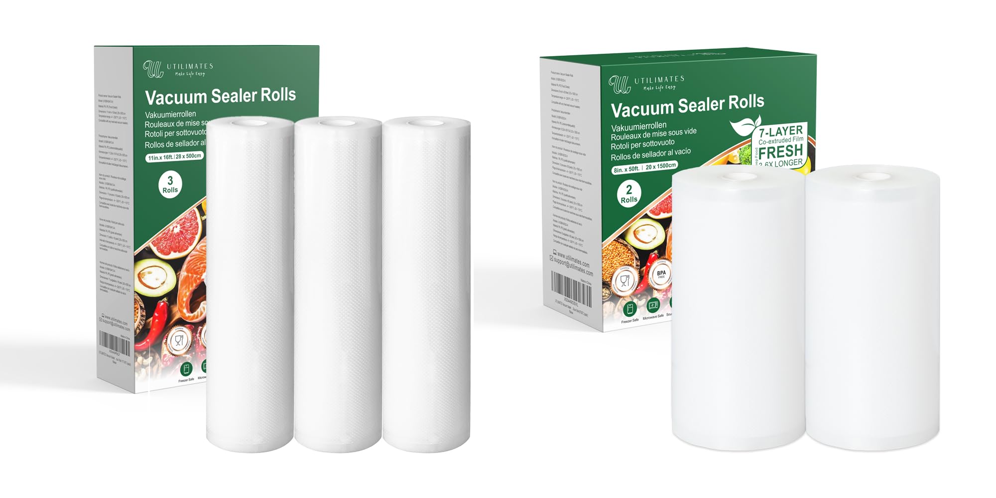 UTILIMATES Vacuum Sealer Bags Rolls Bundle, 11 in 16 ft 3 Rolls and 8 in 50 ft 2 Rolls, BPA-free Puncture Prevention Heavy Duty Vacuum Sealer Bags for Food