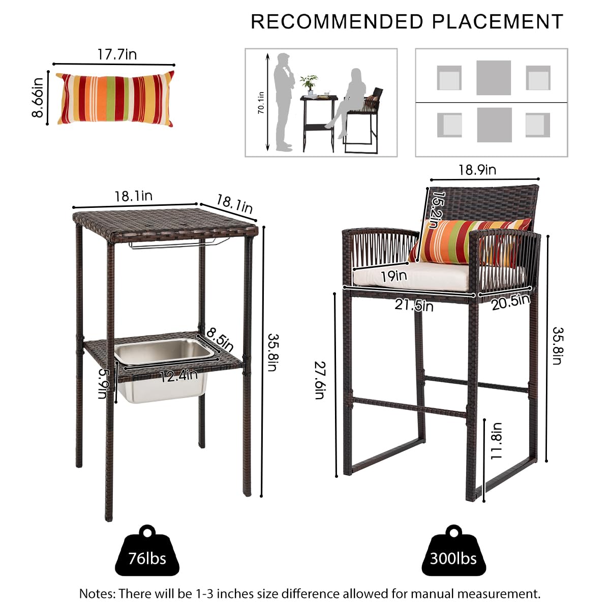 Sundale Outdoor 3 Pieces Wicker Bar Furniture Set for 2, Patio Stools and Bar Set with Glass Holder & Ice Bucket, Counter and 2 Pub Stools, High Top Bistro Dining Set, Brown Rattan and Beige Cushions