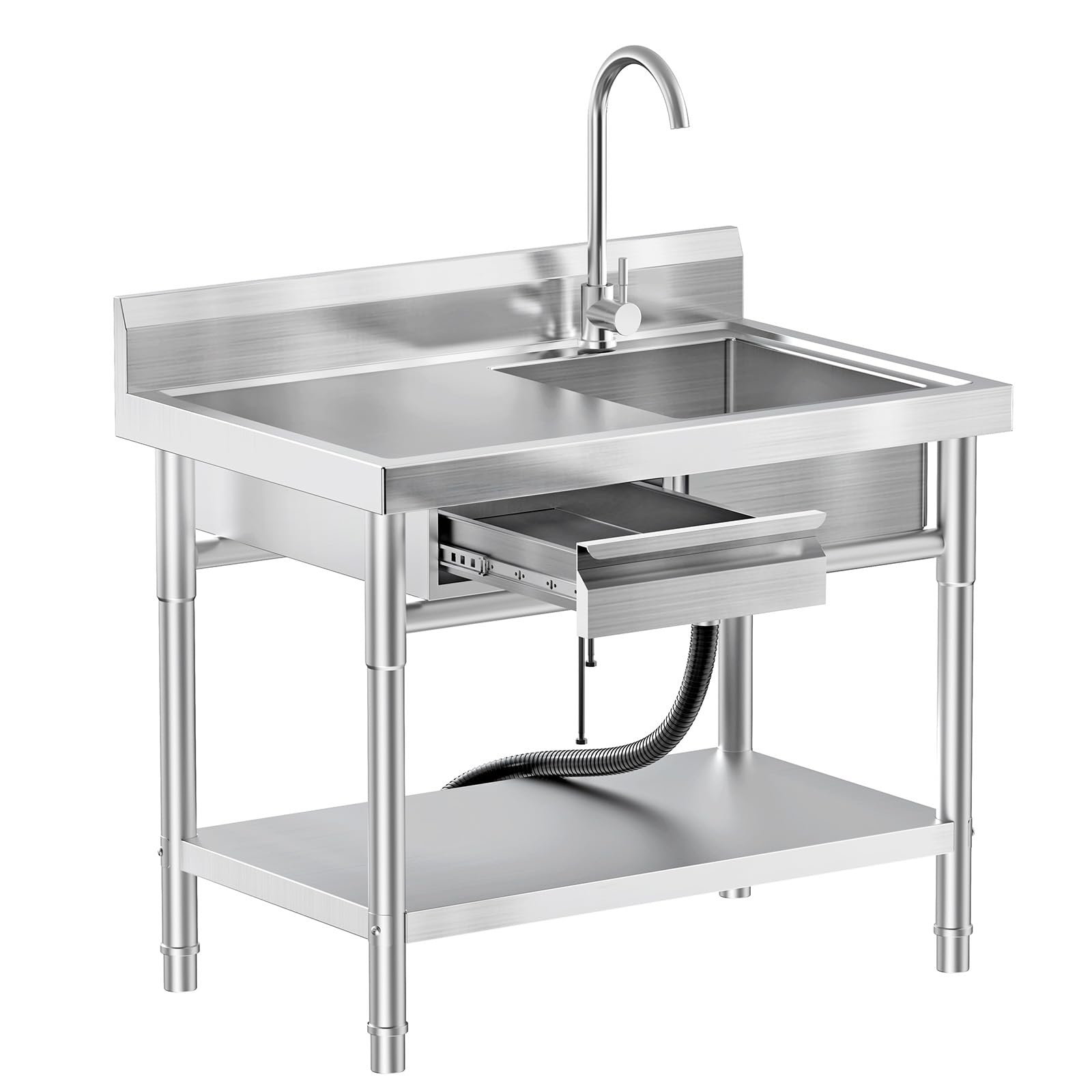 EHVCISTQ Stainless Steel Utility Sink Freestanding Single Bowl Laundry Sink with Hot and Cold Water Plumbing Workbench Drawers for Laundry Room Farmhouse Indoor and Outdoor Sink