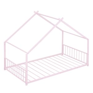 THINK 30 Twin Size House Bed for Kids, Metal Floor Bed Frame with Fence, Fun Montessori Playhouse Bed for Girls and Boys, Teens (Pink, Twin)