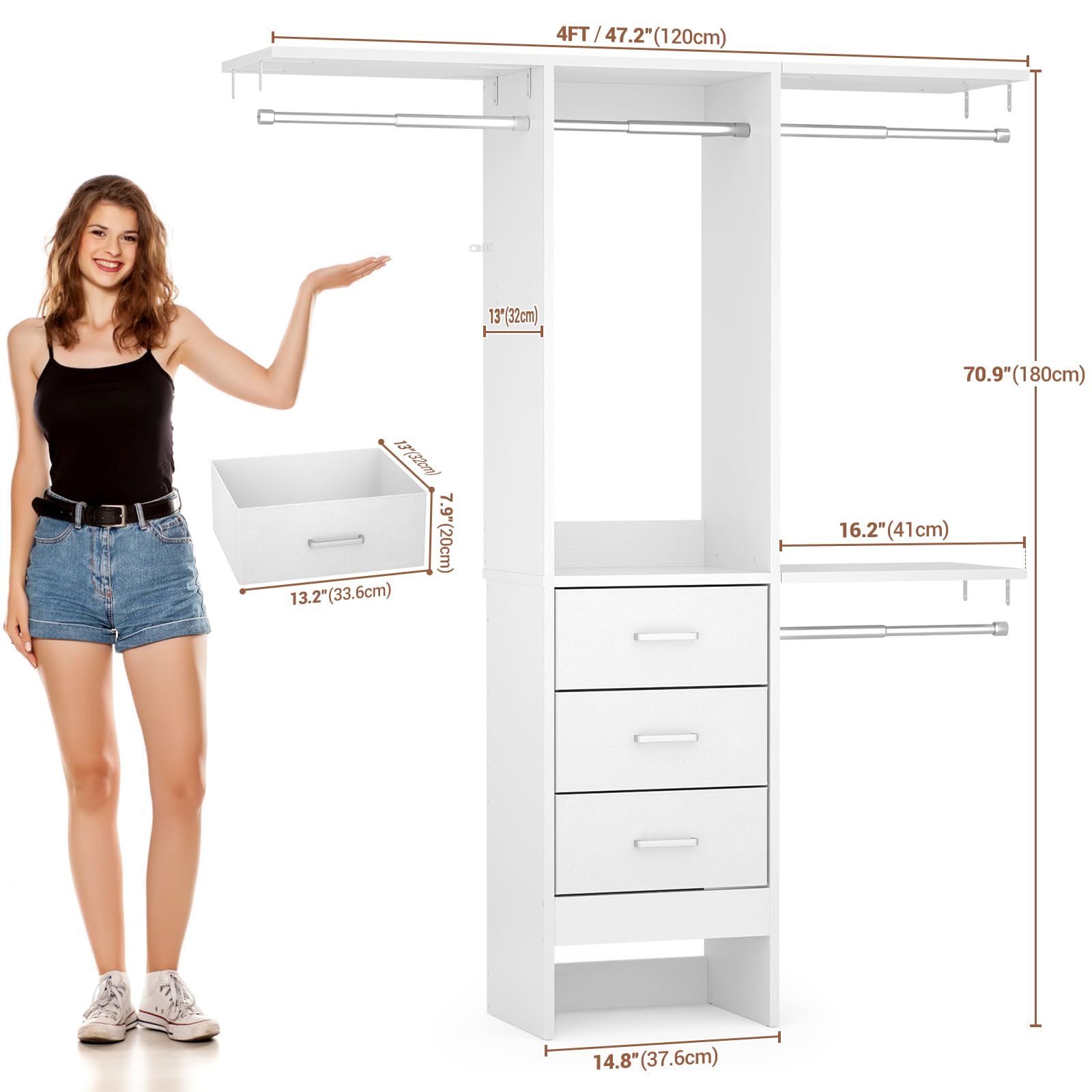 Besiost 4FT Small Closet System with 3 Fabric Drawers, 48'' Closet Organizer System with 3 Adjustable Shelves, Flexible Built-in Clothes Garment Rack for Small Space, 48" L x 13" W x 71" H, White