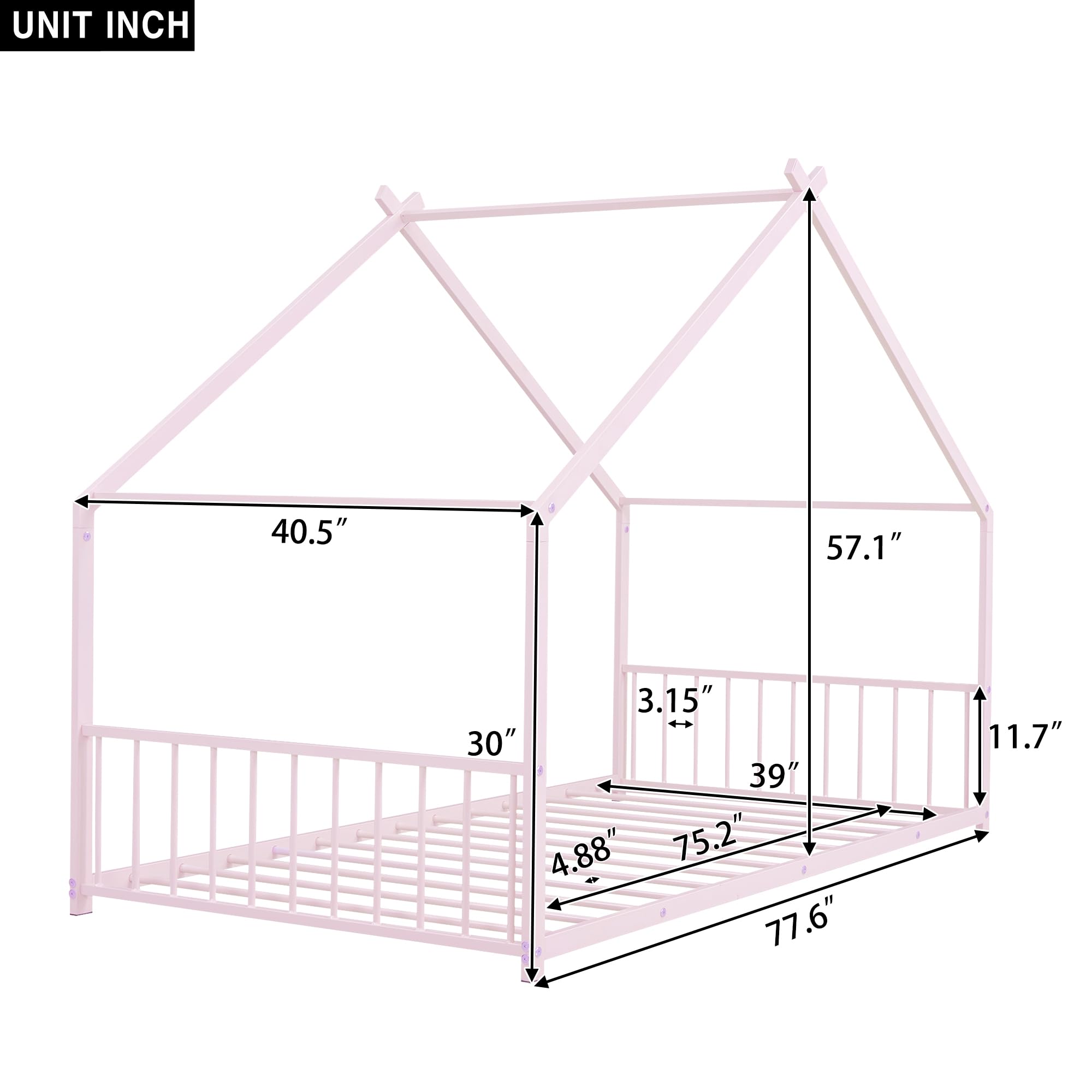 THINK 30 Twin Size House Bed for Kids, Metal Floor Bed Frame with Fence, Fun Montessori Playhouse Bed for Girls and Boys, Teens (Pink, Twin)