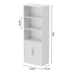 Housoul Modern Bookshelf with Doors, 63" Tall Bookshelf with Storage, 3 Shelf Bookcase with Adjustable Shelf, 3 Tier Bookshelf, Open Shelves Bookcase, Unique Bookshelf for Bedroom & Office, White