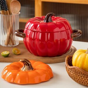 Pumpkin Dutch Oven with Lid and Handles, 1.59 qt Ceramic Pumpkin Cooking Pot Enamel Pot Soup Pot, Pumpkin Pottery Dessert Saucepan, Baking Soup Bowl, Halloween Thanksgiving Fall Harvest