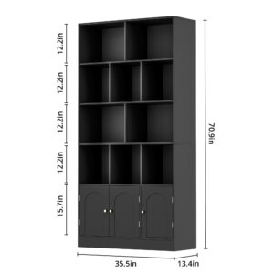 Housoul 71" Tall Bookshelf with 10 Cubes and 3 Doors, 4-Tier Bookshelf, Open Shelf Bookcase with Cabinet, Modern Cube Storage Organizer for Living Room, and Office, Black