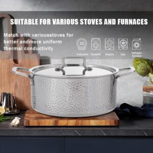 Vivicreate Tri-Ply Stainless Steel Stockpot, Deep Cooking Pot with Lid, Hammered Exterior, Silver (5 Quarts)