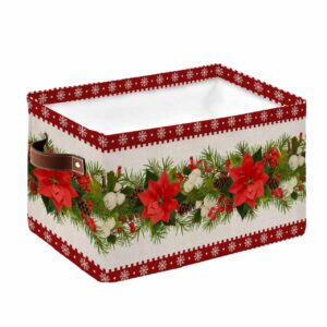 Anzona Christmas Poinsettia Storage Basket for Shelves, Xmas Floral Pine Needles Burlap Storage Cube Fabric Storage Bins, Closet Organizers with Handles for Book, Toys, Cloth, 15"x11"x9.5", 1 Pack