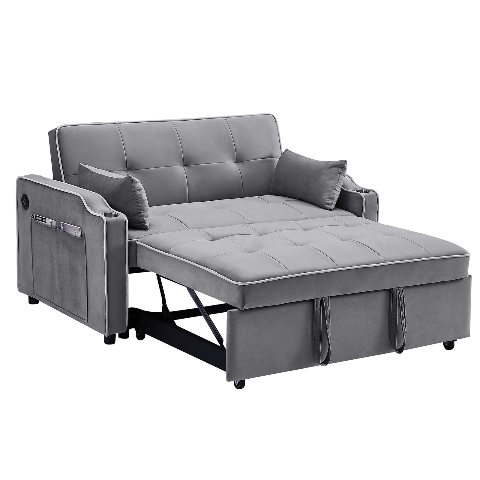 Convertible Sofa Bed, 3-in-1 Multi-Functional Velvet Sleeper Couch Pull-Out Bed, Loveseat Sofa Chaise Lounge with USB Port, Cupholder, Side Pocket, Adjustable Backrest and Pillows for Living Room