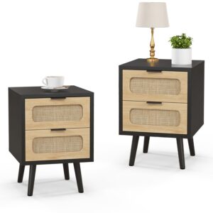 ymbsbuy rattan nightstand set of 2,night stand bedside table with 2 drawers,mid century modern nightstand end table for bedroom,dorm,small spaces,boho wood side table with storage,black,2 pack