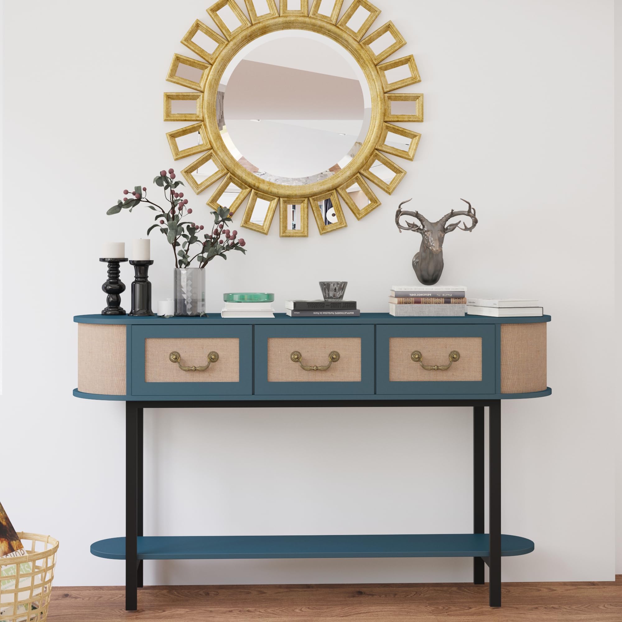 FurSch Rattan Entryway Table with Storage, Narrow Oval Console Table with Drawers,Blue 53.6" Long and Slim Couch Table Behind Sofa for Living Room Hallway Entrance Foyer