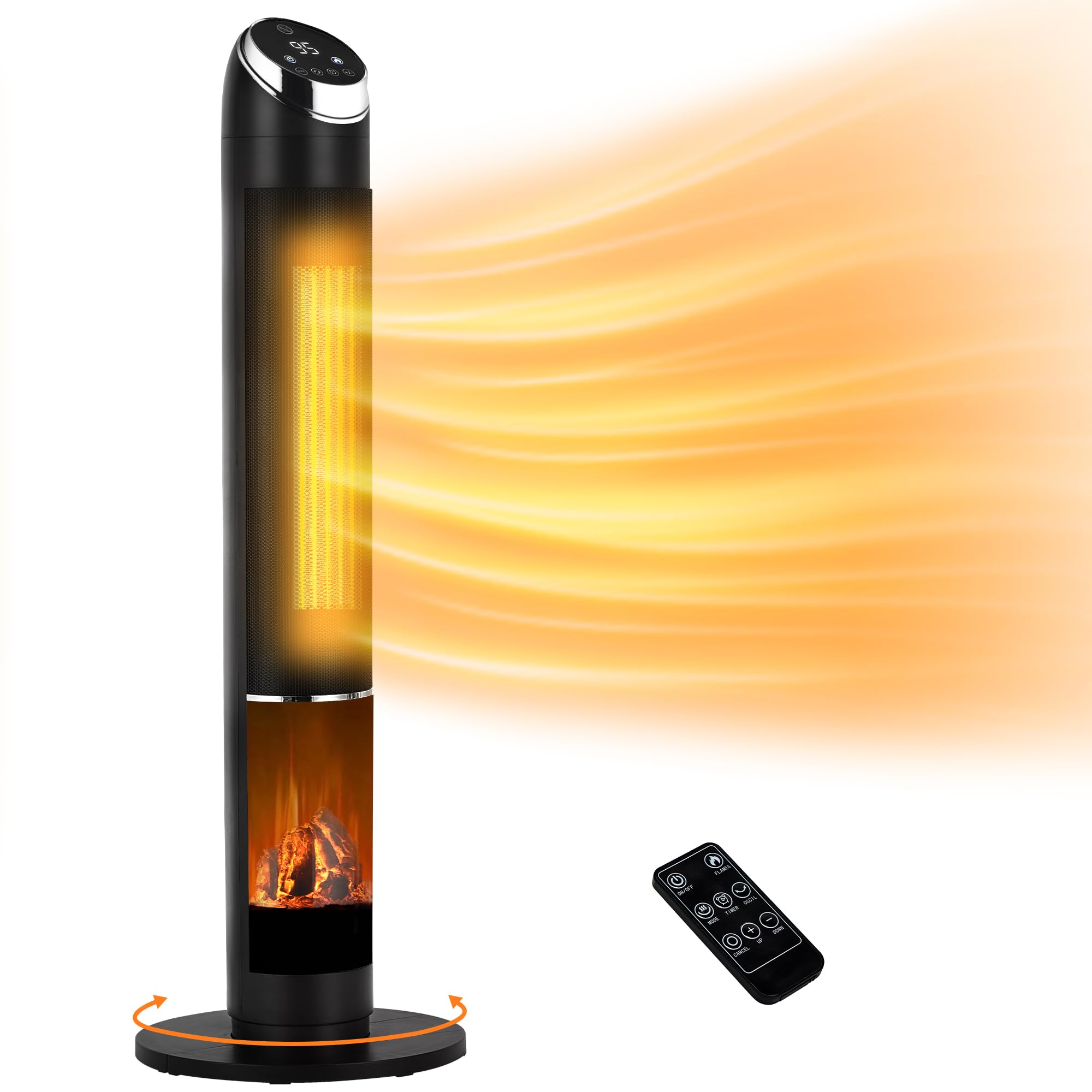 38'' Space Heater, Portable Electric Heater for Indoor Use, 1500W Ceramic Tower Heater with 3D Flame Effect, Adjustable Thermostat, 80° Oscillation, Safety Protection for Office Bedroom Home (Black)