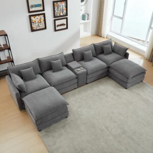 vepxxp 144.5" oversized modular sectional couch with storage console, cup holders & usb ports, modern chenille upholstered u-shaped cloud sofa w/ottomans for living room apartment office, grey