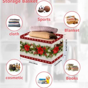 Anzona Christmas Poinsettia Storage Basket for Shelves, Xmas Floral Pine Needles Burlap Storage Cube Fabric Storage Bins, Closet Organizers with Handles for Book, Toys, Cloth, 15"x11"x9.5", 1 Pack