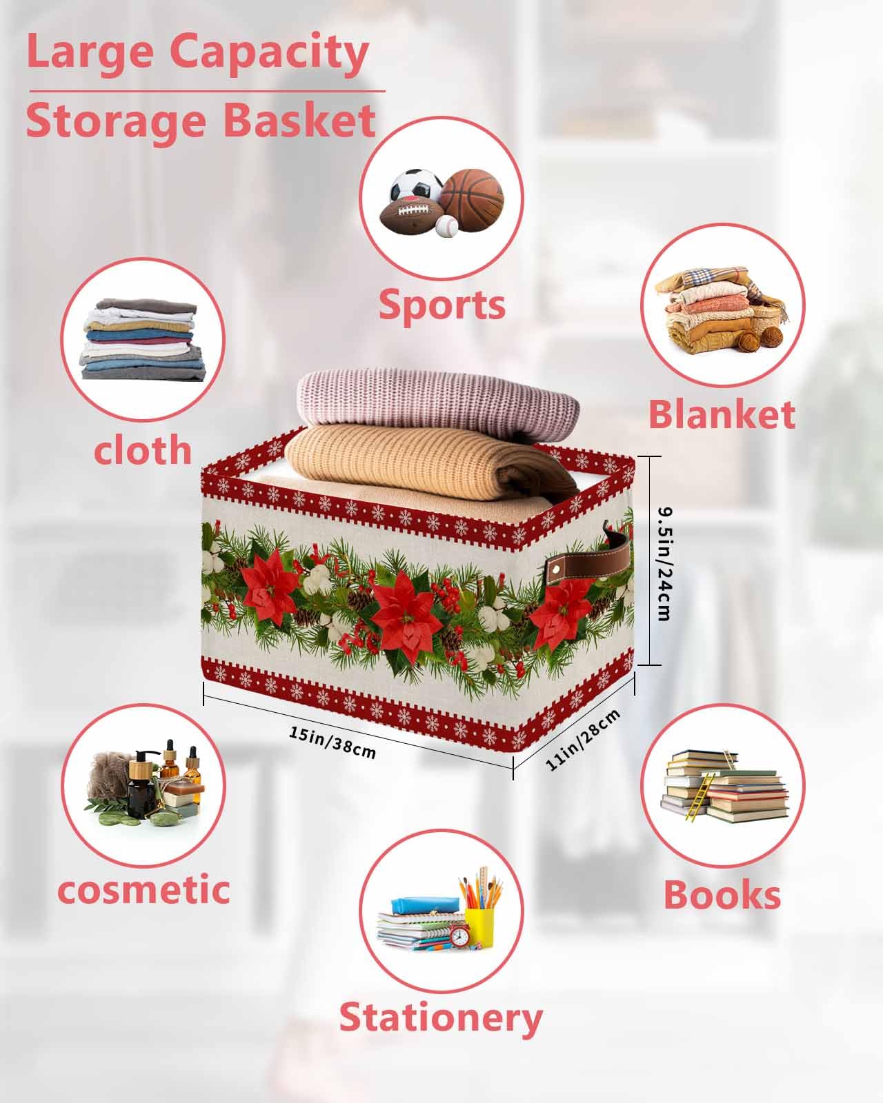 Anzona Christmas Poinsettia Storage Basket for Shelves, Xmas Floral Pine Needles Burlap Storage Cube Fabric Storage Bins, Closet Organizers with Handles for Book, Toys, Cloth, 15"x11"x9.5", 1 Pack