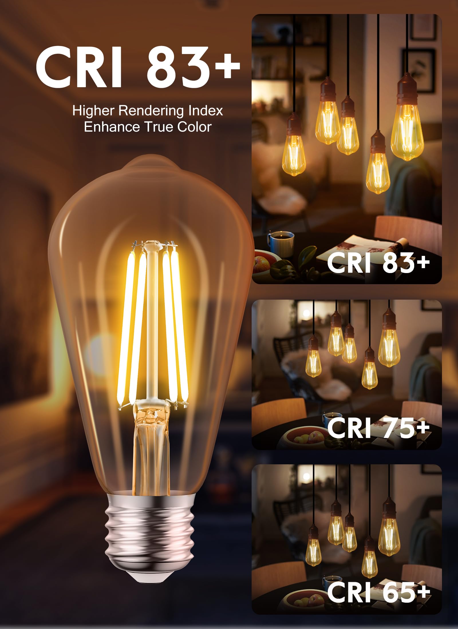 Brightown Vintage LED Edison Bulbs, 6W, Equivalent 60W, High Bright 2700K Warm White,750 Lumens, Non-Dimmable, E26 Medium Base ST58 Antique Filament Bulbs with 83+ CRI for Ceiling Fan Bathroom Porch