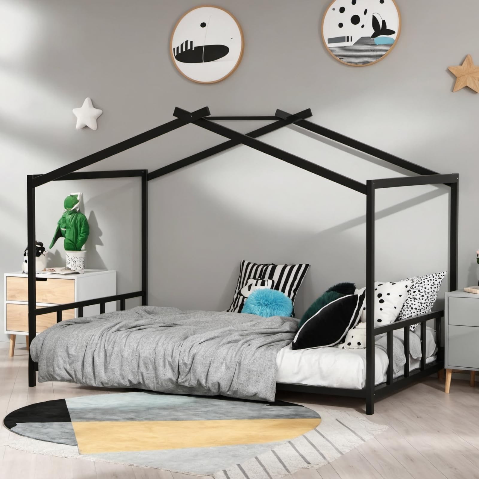 PVWIIK Twin Size Montessori Toddler Floor Bed with Headboards and Footboards, Metal House-Shaped Bed Frame with Soundproof Strip for Girls and Boys, Kids Playroom, No Box Spring Needed (Black)