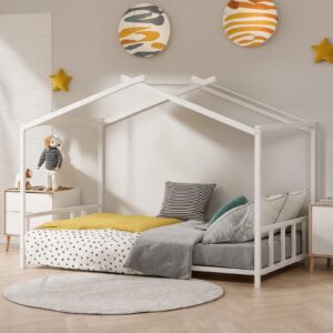 PVWIIK Twin Size Montessori Toddler Floor Bed with Headboards and Footboards, Metal House-Shaped Bed Frame with Soundproof Strip for Girls and Boys, Kids Playroom, No Box Spring Needed (White)