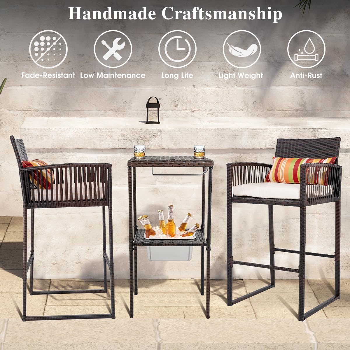 Sundale Outdoor 3 Pieces Wicker Bar Furniture Set for 2, Patio Stools and Bar Set with Glass Holder & Ice Bucket, Counter and 2 Pub Stools, High Top Bistro Dining Set, Brown Rattan and Beige Cushions