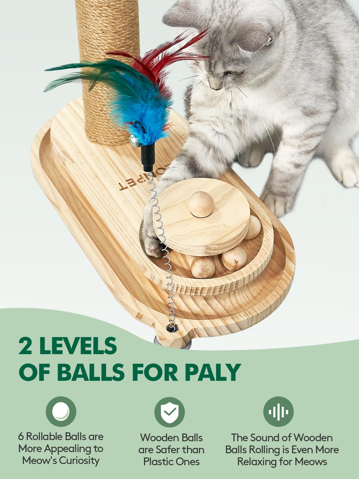 NZONPET Cat Scratching Post 16.54" Tall Scratch Post Premium Sisal Rope Scratch Posts for Kitten and Adult Cats All Natural Rope Wooden Ball Track Interactive Toy with Dangling Ball