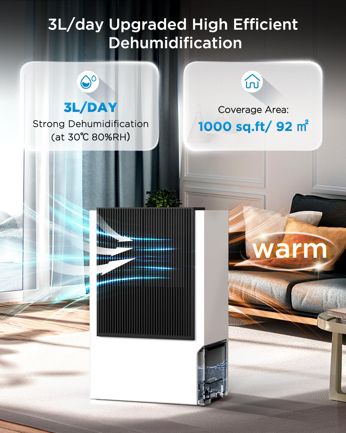 Dehumidifier for Basement with Drain Hose, EasyAcc 2024 Newly [ Rotary 10X Fast Dehumidification/1500 Sq. Ft/Timer/3000ml Per Day] 2 Modes Quiet Portable Dehumidifier for Bedroom Bathroom Large Room