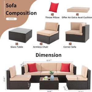 Shintenchi 6 Pieces Patio Furniture Sets Outdoor All-Weather Sectional Patio Sofa Set PE Rattan Manual Weaving Wicker Patio Conversation Set with Glass Table&Ottoman Cushion and Red Pillows, Neutral