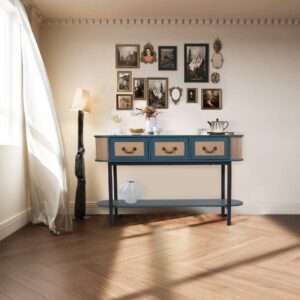 FurSch Rattan Entryway Table with Storage, Narrow Oval Console Table with Drawers,Blue 53.6" Long and Slim Couch Table Behind Sofa for Living Room Hallway Entrance Foyer