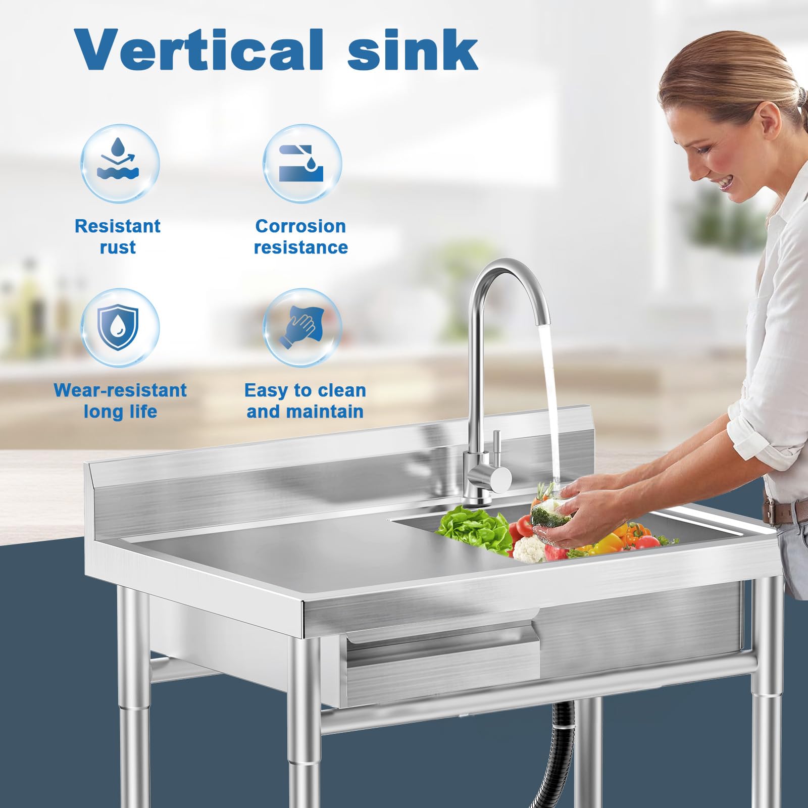 EHVCISTQ Stainless Steel Utility Sink Freestanding Single Bowl Laundry Sink with Hot and Cold Water Plumbing Workbench Drawers for Laundry Room Farmhouse Indoor and Outdoor Sink