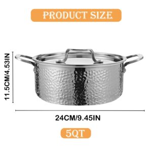 Vivicreate Tri-Ply Stainless Steel Stockpot, Deep Cooking Pot with Lid, Hammered Exterior, Silver (5 Quarts)