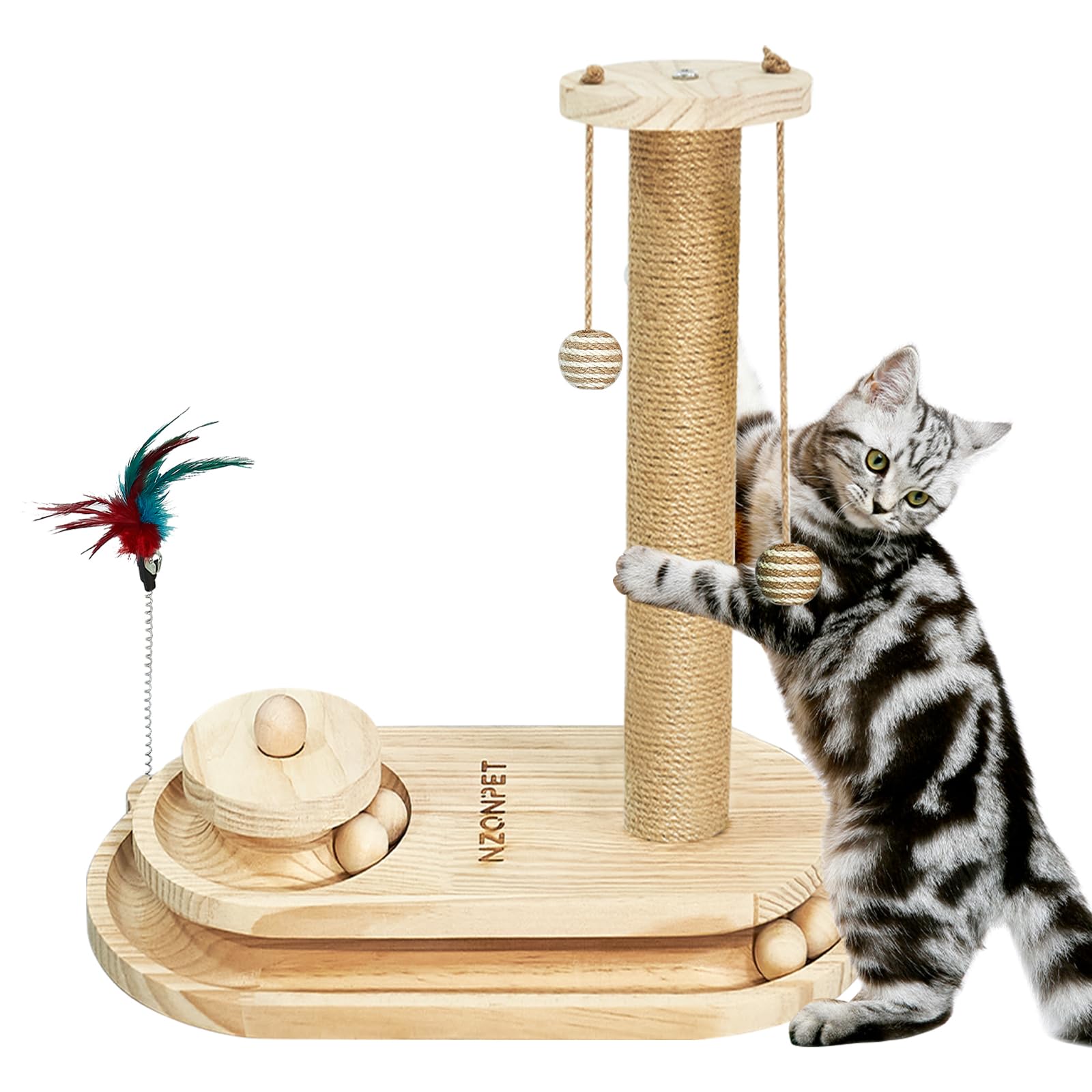 NZONPET Cat Scratching Post 16.54" Tall Scratch Post Premium Sisal Rope Scratch Posts for Kitten and Adult Cats All Natural Rope Wooden Ball Track Interactive Toy with Dangling Ball