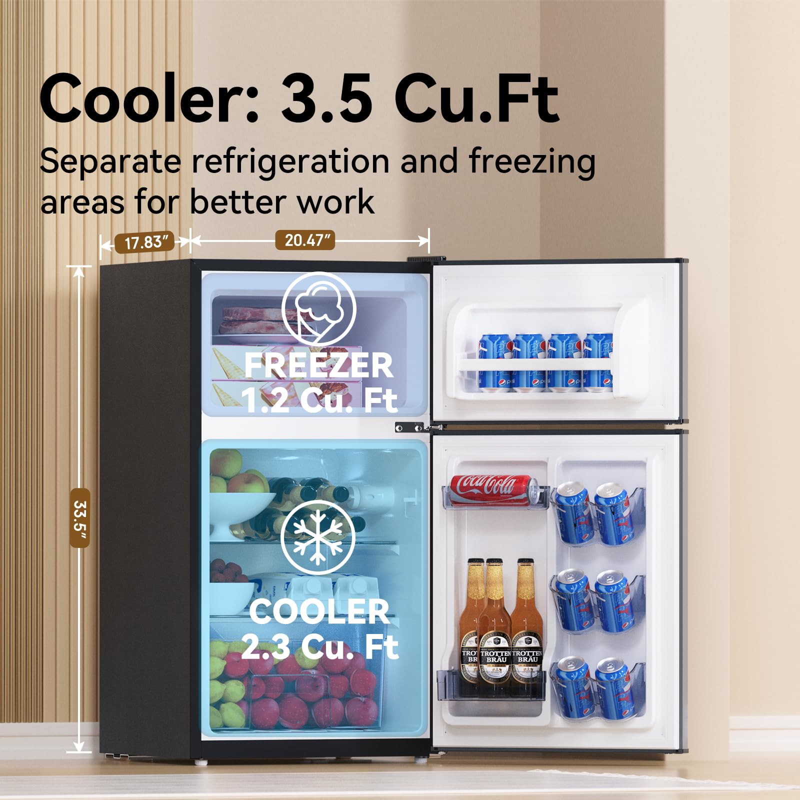 Frestec Mini Fridge with Freezer 3.5 Cu.Ft. 2 Door Refrigerator and Freezer Small Fridge for Bedroom Home Office Dorm, Small Drink Chiller, 37 dB Low Noise, Stainless Steel